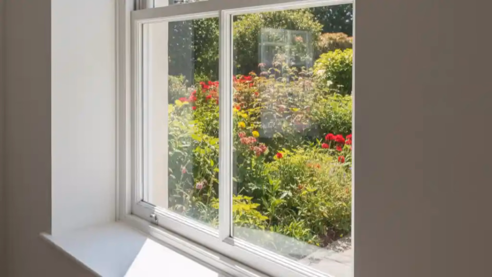 Clean window with sparkling glass showing clear view to outside garden