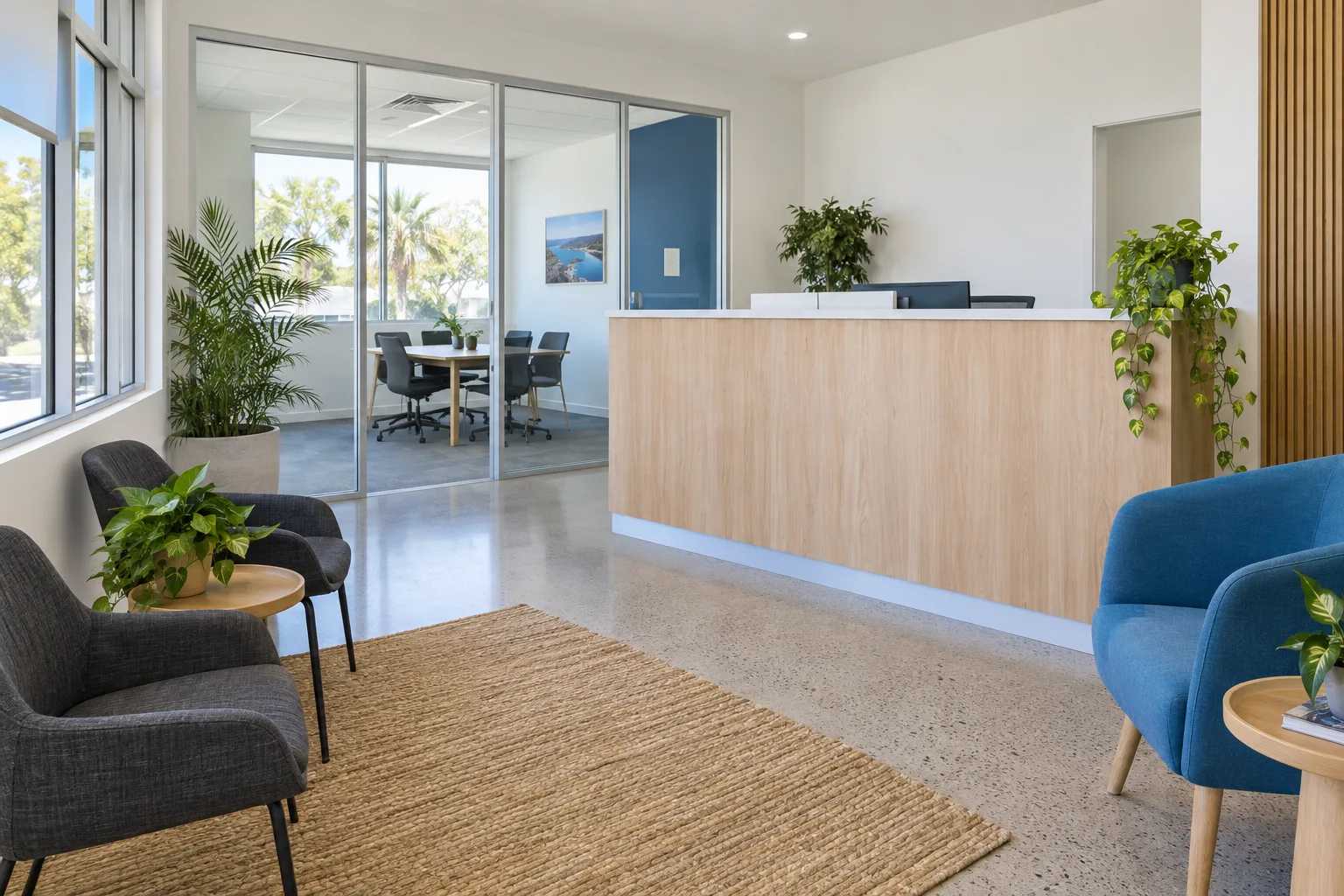 Bright business reception with clean floors, glass partitions and a tidy seating area