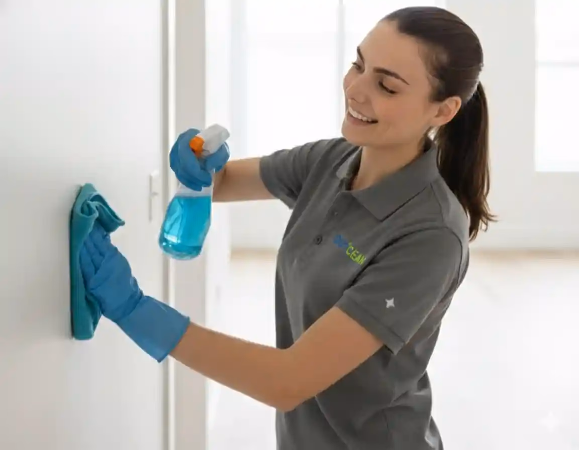 Professional cleaner washing walls in empty rental property